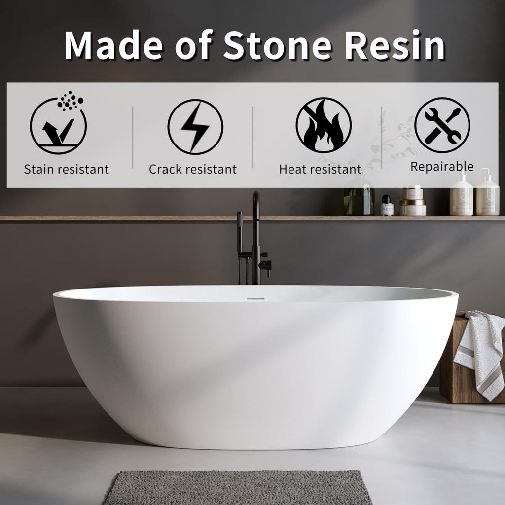 55' Solid Matte Tub, Stone Resin Freestanding Bathtub with Overflow, Pop-up Drain, Matte White (Oval)