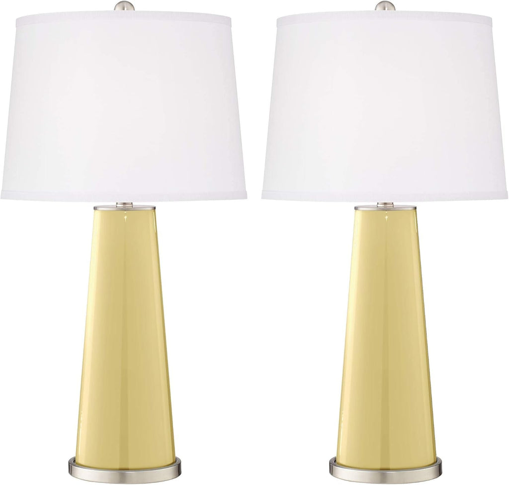 Color + Plus Leo 29 1/2' Tall Cylinder Modern End Table Lamps Set of 2 Butter Up Yellow Brushed Nickel Finish Glass Fabric White Shade Living Room Bedroom Bedside Nightstand House Office Home
