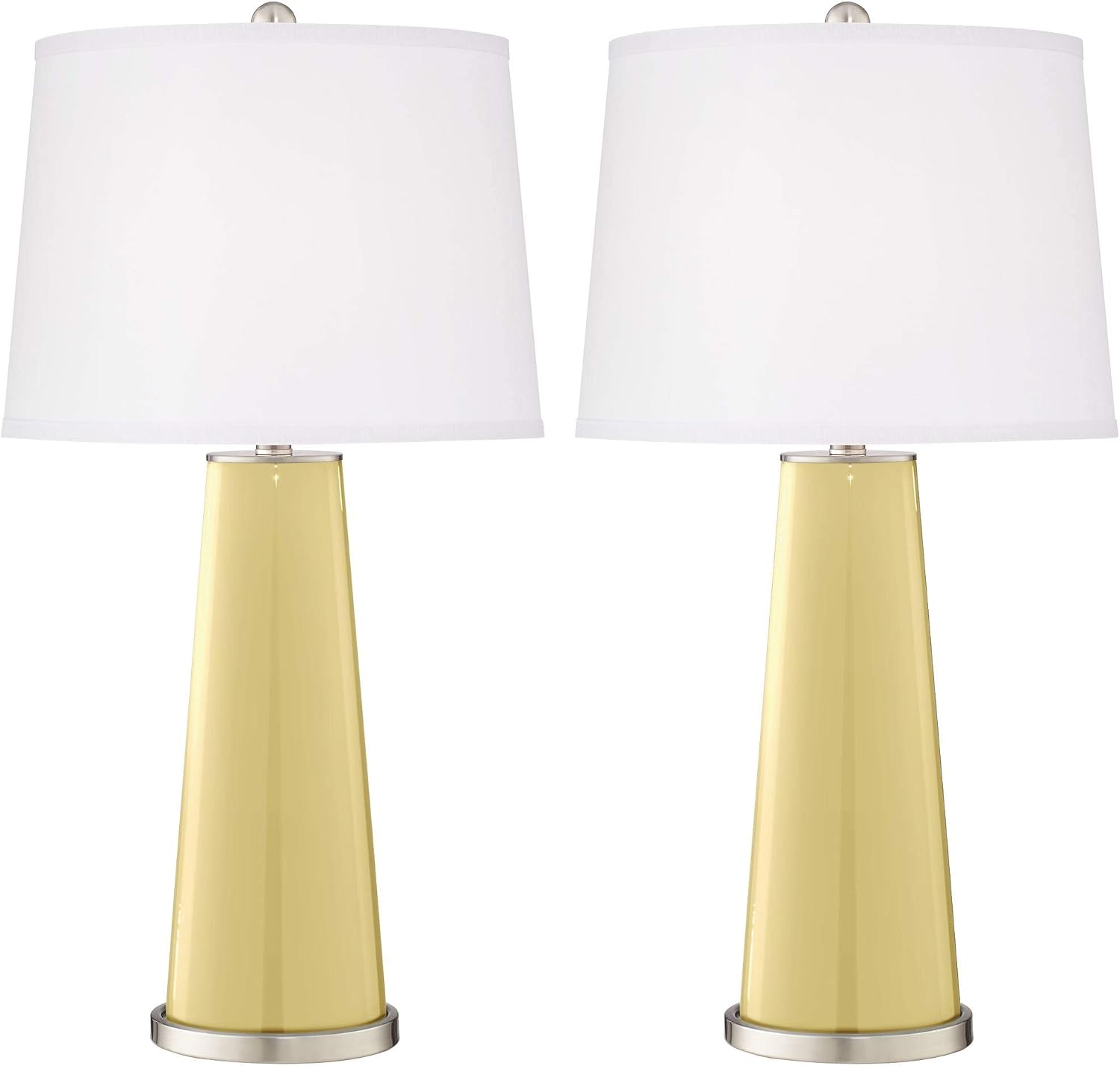 Color + Plus Leo 29 1/2' Tall Cylinder Modern End Table Lamps Set of 2 Butter Up Yellow Brushed Nickel Finish Glass Fabric White Shade Living Room Bedroom Bedside Nightstand House Office Home