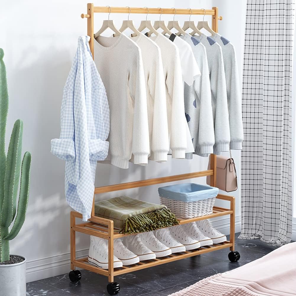 Clothing Garment Rack with Shelves Wooden Rolling Clothes Organizer Bedrooms Clothes Rails Heavy Duty Open Wardrobe Coat Stands Multifunctional Small Closet(