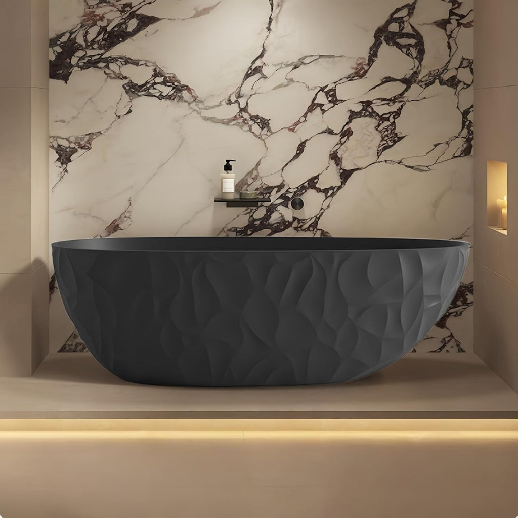 64' Edeyeu Luxury Freestanding Bathtub - Modern Soaker Tub Made of Premium PMMA Solid Surface, Extra Deep Freestanding Tub, Durable Stand Alone Bathtub for Contemporary Bathroom Design Black