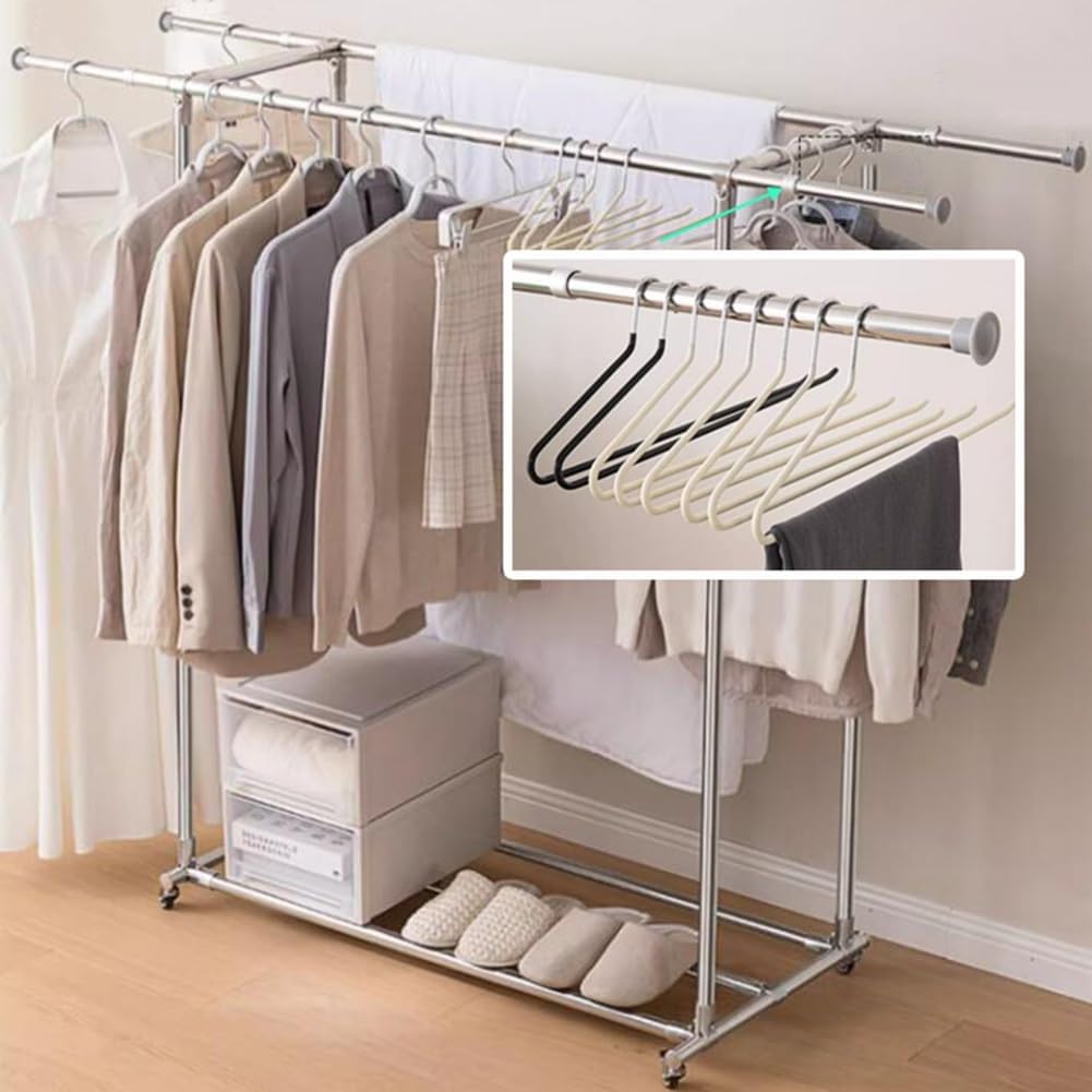 Double Clothes Garment Rack with Wheels, Extendable Rod, Heavy Duty Clothes Rail with Bottom Shelf and 4 Casters, Rolling Clothing Rack for Hanging Clothes, Load 100kg