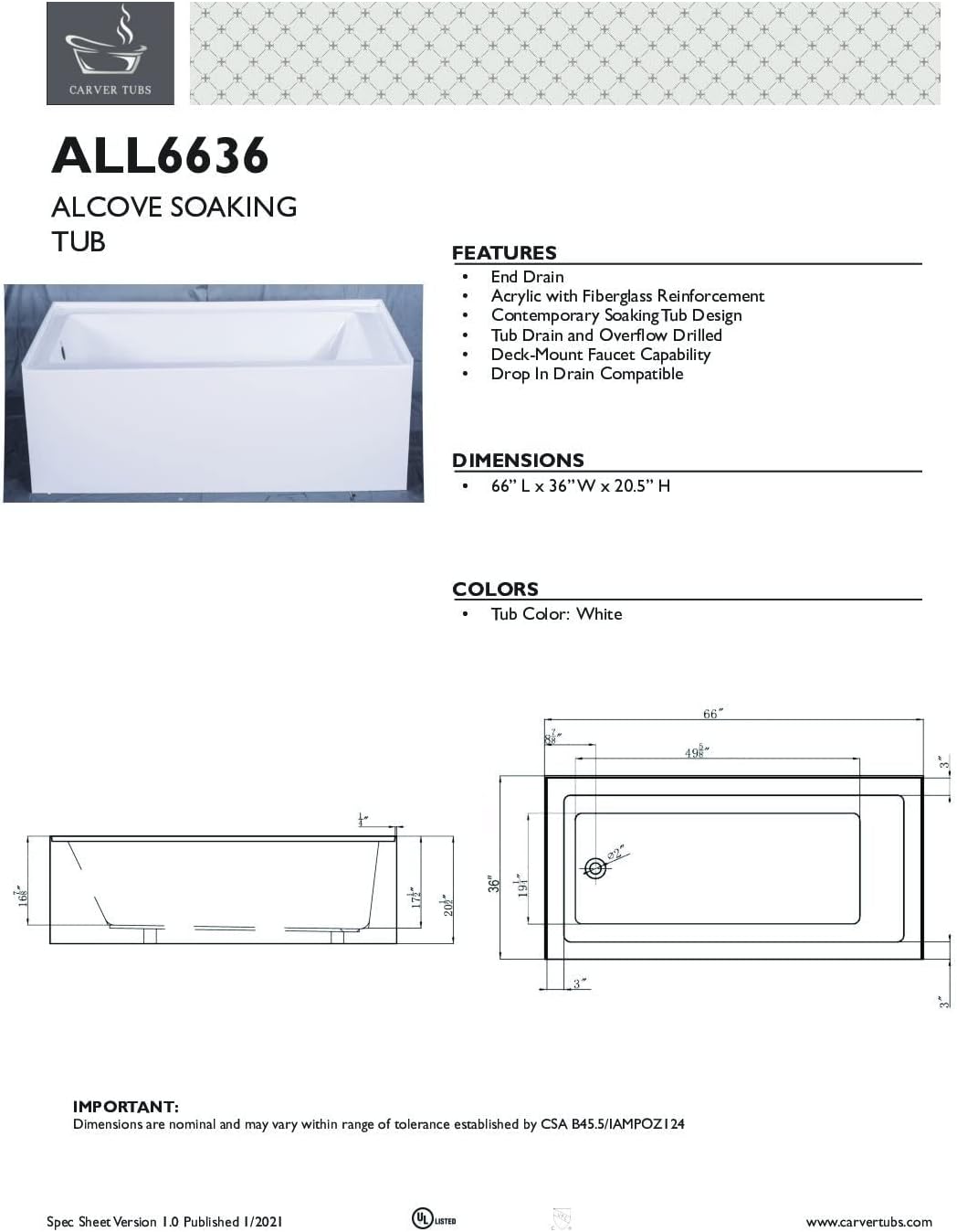 Carver Tubs - ALL6636 - Modern Acrylic Fiberglass Alcove Soaking Bathtub - Rectangular Water Massage Bathtub - White Rectangle Tub W/Left Chrome Drain - Deep Relaxing Soak - 66' L x 36' W x 20.5' H