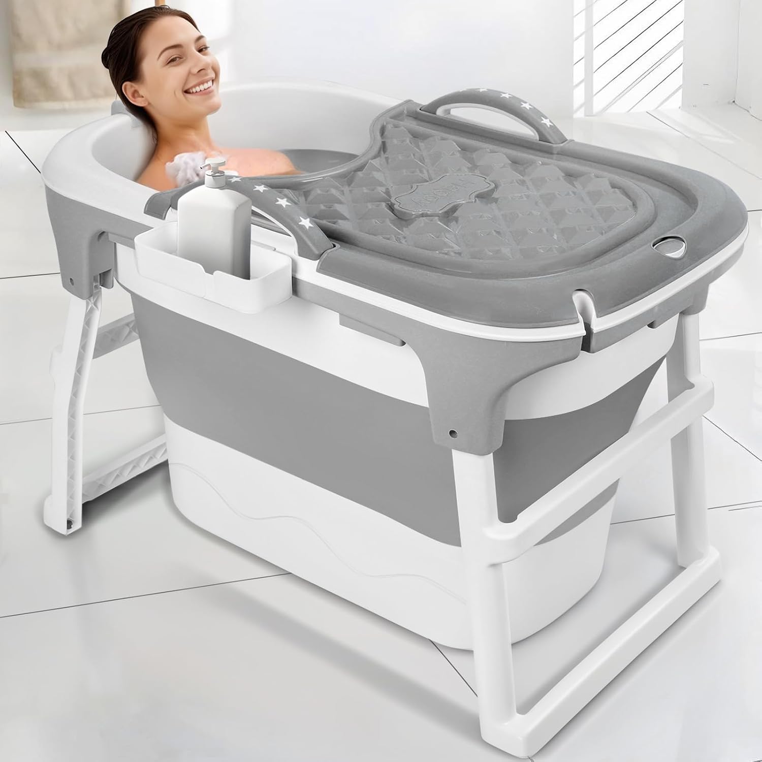Portable Folding Bathtub, 39' Small Foldable Tub with Ergonomic Seat & Massage Roller, Freestanding Surround Collapsible Tub, Effortless Foldable Bathtub for Homes Apartments Grey