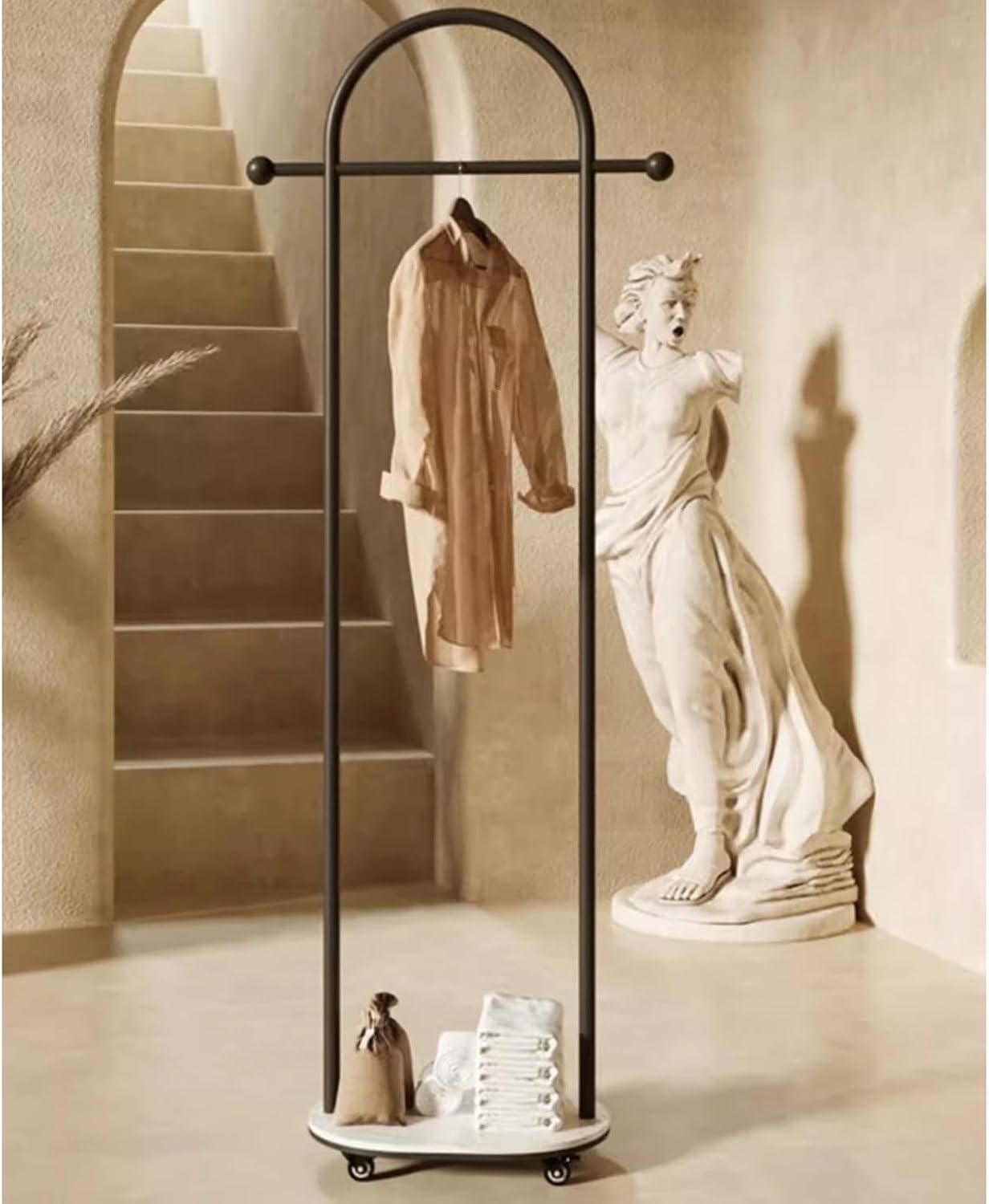 Metal Coat Rack Freestanding,Garment Rack Modern Clothing Rack with Marble Base, Small Coat Hanger Stand with 2 Hooks for Bag and Hat, Space Saving Clothes Organizer for Bedroom(Black)