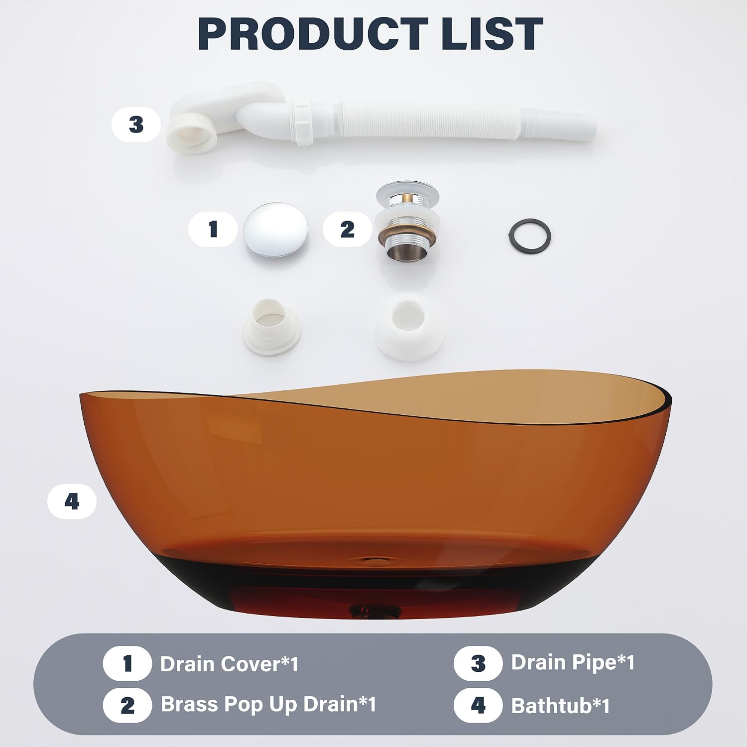 CASAINC 63' Freestanding Bathtub Transparent Resin Soaking Tub Modern Oval Design Stand Alone Tub with Pop-up Drain, 65.52 Gallons Water Storage Capacity and 385 MM Soaking Depth, Transparent Coffee