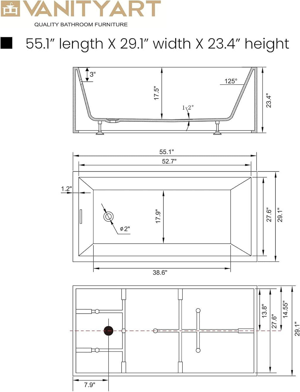 Vanity Art 55 x 29 Inch White Acrylic Freestanding Bathtub | Contemporary Design Soaking Tub with Pop-up Drain and Slotted Overflow Included, UPC Certified VA6816B-M-PW