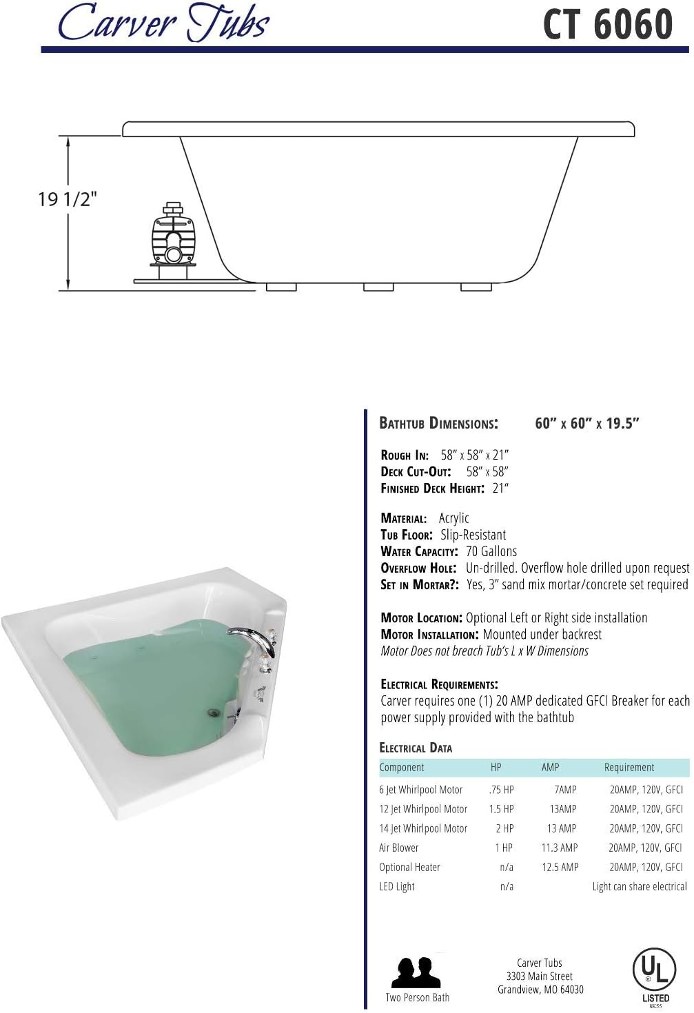 Carver Tubs - CT6060 - Modern Acrylic Fiberglass Corner Soaking Bathtub for Bathrooms, w/Built-in LED Lights - White Triangular Two Person Acrylic Tub - Deep Relaxing Soak- 60'L x 60'W x 19.5'H