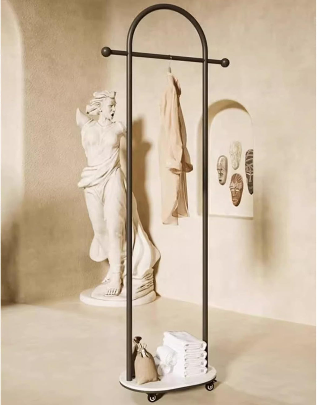 Metal Coat Rack Freestanding,Garment Rack Modern Clothing Rack with Marble Base, Small Coat Hanger Stand with 2 Hooks for Bag and Hat, Space Saving Clothes Organizer for Bedroom(Black)