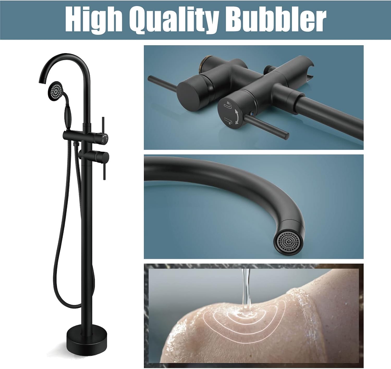 Aolemi Floor Mount Bathtub Faucet Freestanding Tub Filler Standing High Flow Shower Faucets with Vintage Handheld Matte Black