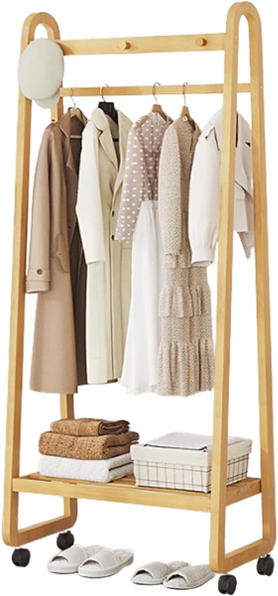 Bamboo Clothes Rack Freestanding Coat Rack Stand Portable Clothing Rack w/Storage Shelf and Hanging Rod Rolling Garment Rack w/Wheels for Entryway