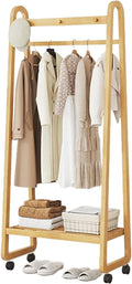 Bamboo Clothes Rack Freestanding Coat Rack Stand Portable Clothing Rack w/Storage Shelf and Hanging Rod Rolling Garment Rack w/Wheels for Entryway