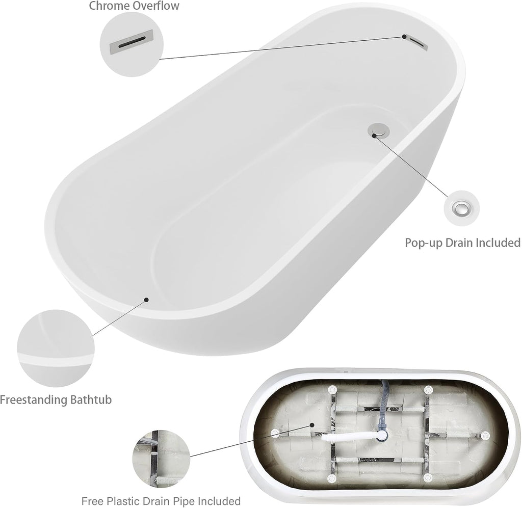 Logmey 67 Inch White Acrylic Freestanding Bathtub Oval Shape Soaking Tub with Chrome Drain & Overflow Assembly for Classic and Modern Bathrooms