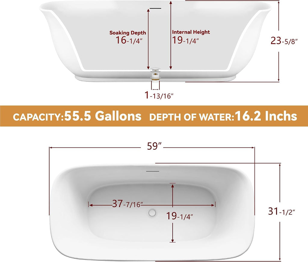 59' Free Standing Tub, Pure Acrylic Freestanding Bathtub, Stylish Stand Alone Contemporary Deep Soaking Bath Tub, cUPC Certified SY6250 (Glossy White)