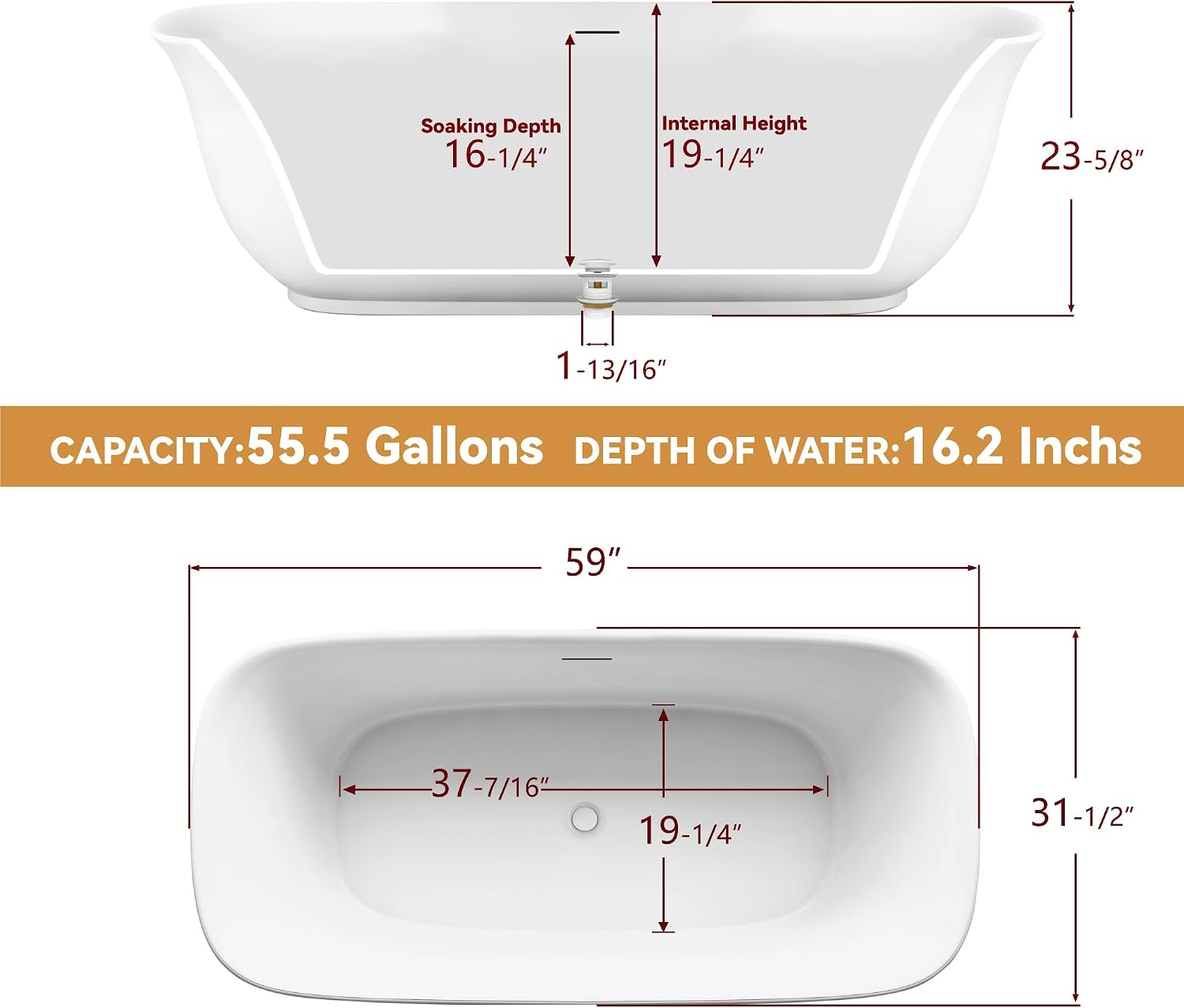 59' Free Standing Tub, Pure Acrylic Freestanding Bathtub, Stylish Stand Alone Contemporary Deep Soaking Bath Tub, cUPC Certified SY6250 (Glossy White)