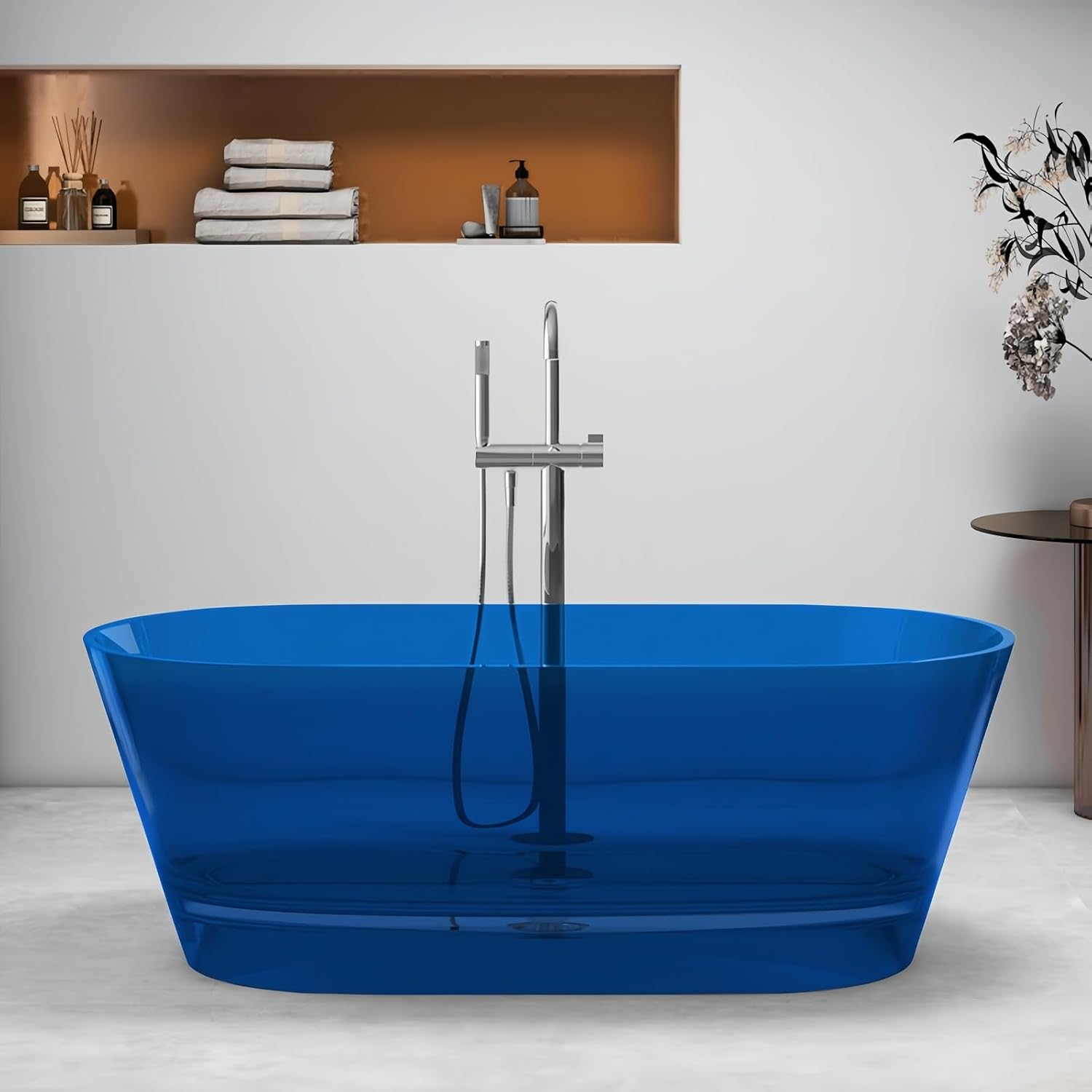 55' Edeyeu Freestanding Bathtub - Luxury Natural Resin Solid Surface Bathtub, Extra Deep Soaking Tub With Artistic Translucent Design, High-End Stand Alone Free Standing Tub Blue C