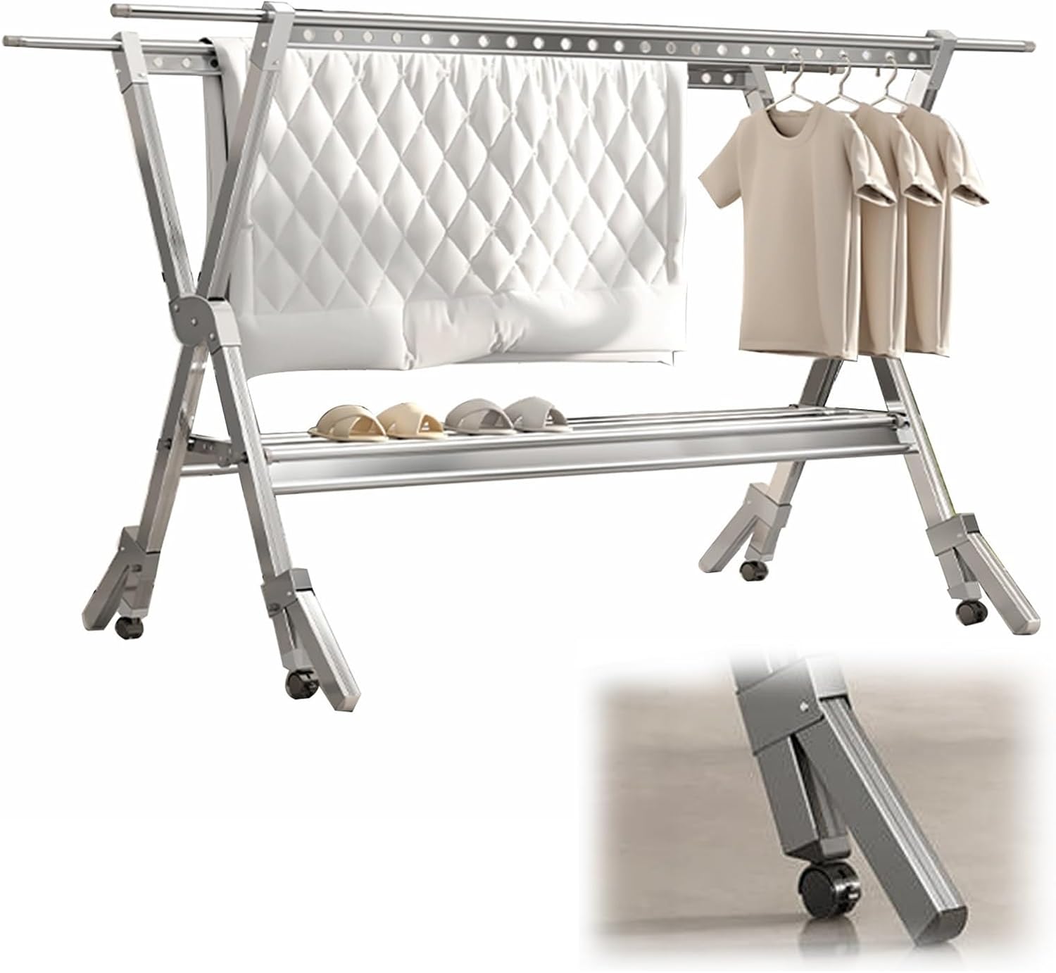 X-Shaped Drying Rack Collapsible, Free-Standing Airer, Clothes Drying Rack, Metal Laundry Rack, Foldable Laundry Rack for Air Drying Clothing, Garment Rack - Rolling Clothes H,Silver