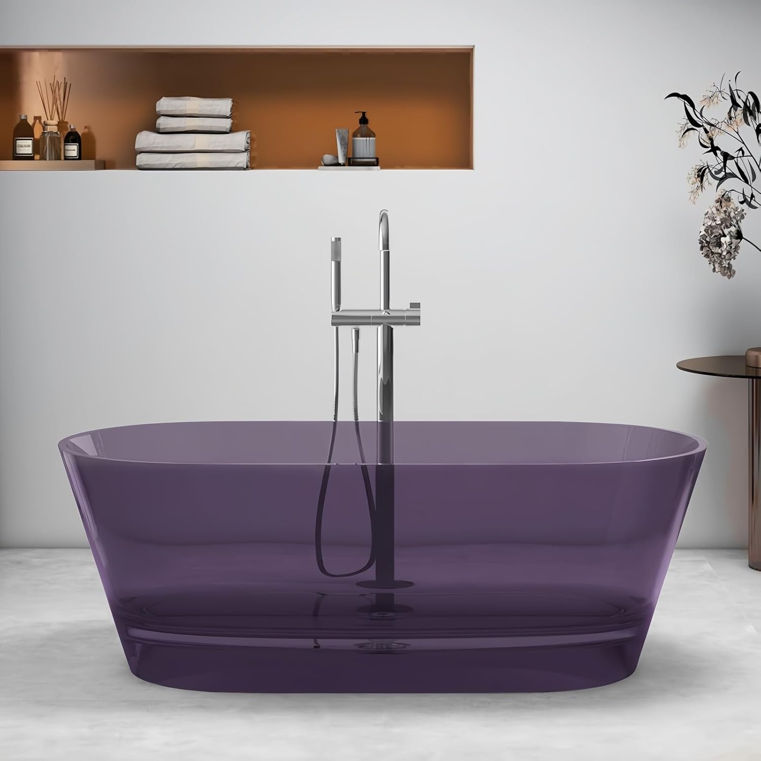 59' Edeyeu Freestanding Bathtub - Luxury Natural Resin Solid Surface Bathtub, Extra Deep Soaking Tub With Artistic Translucent Design, High-End Stand Alone Free Standing Tub Purple