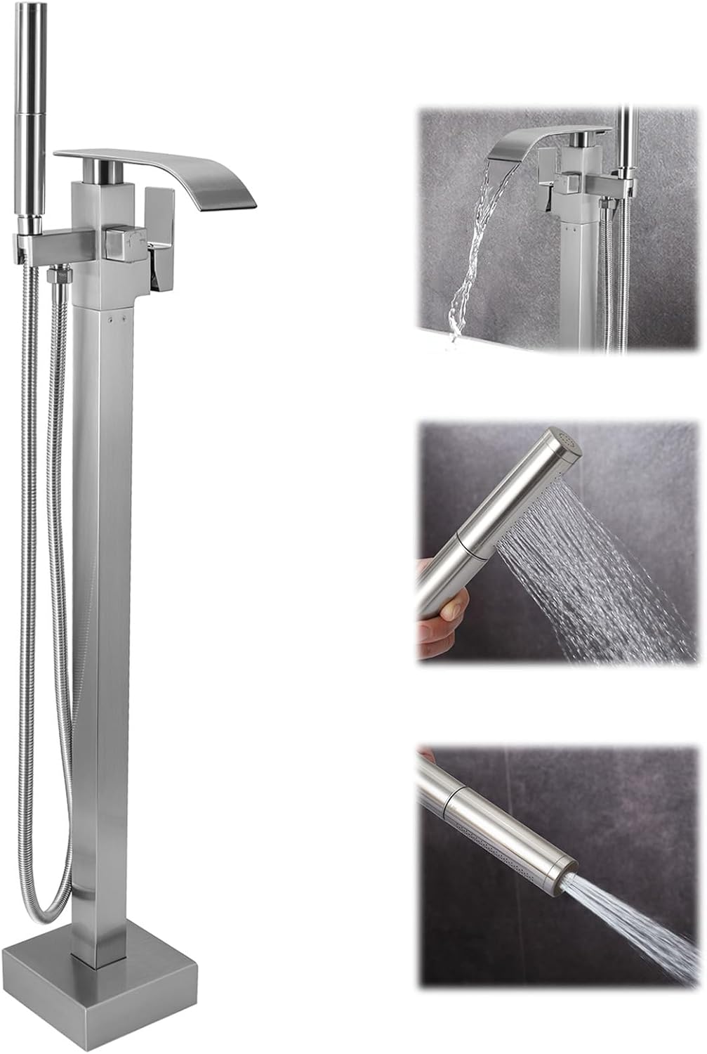 Waterfall Freestanding Bathtub Faucet, Floor Mount Bathroom Tub Filler Bath Shower Faucets with Handheld Sprayer, Brushed Nickel