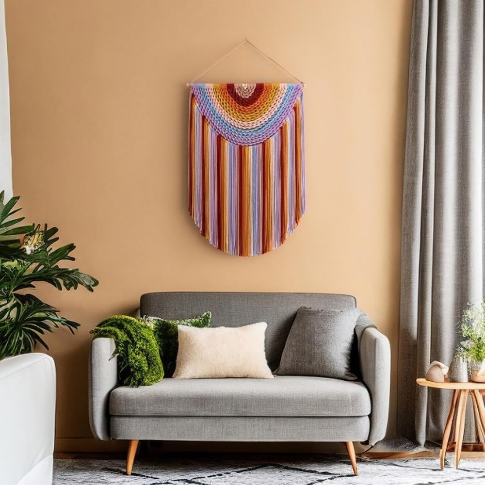 Colorful Cotton Wall Tapestry, Boho Tapestry with Solid Wood Rod, Hand Woven Large Macrame Wall Hanging, Exquisite Woven Wall Decor for Living Room and Bedroom
