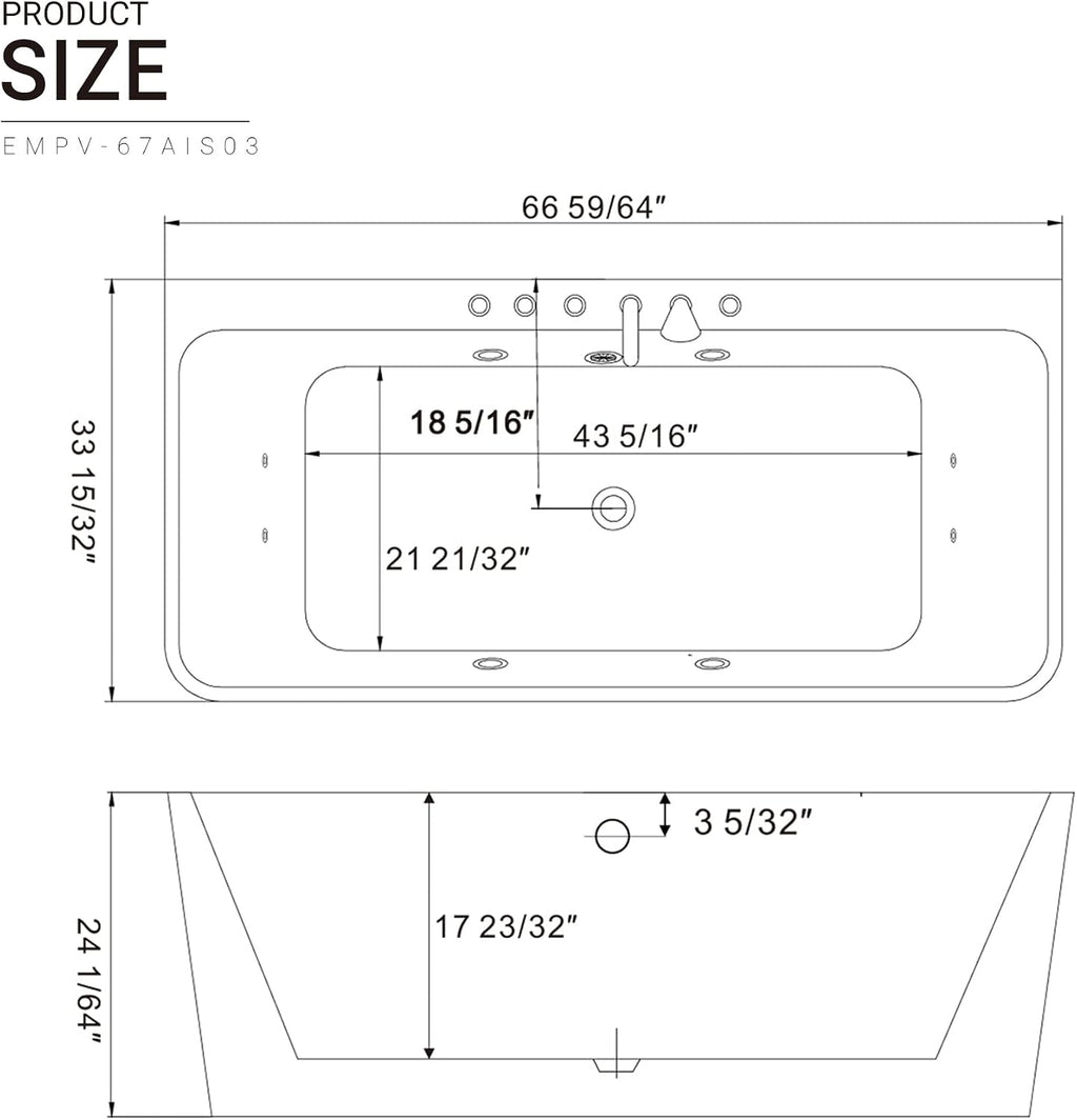 Whirlpool Bathtub 67 in. Acrylic Freestanding Bath Tub Hydromassage Gracefully Rectangle Shaped 8 Water Jets Soaking SPA, Double-Ended Massage Bathtubs with Black Pillows , White