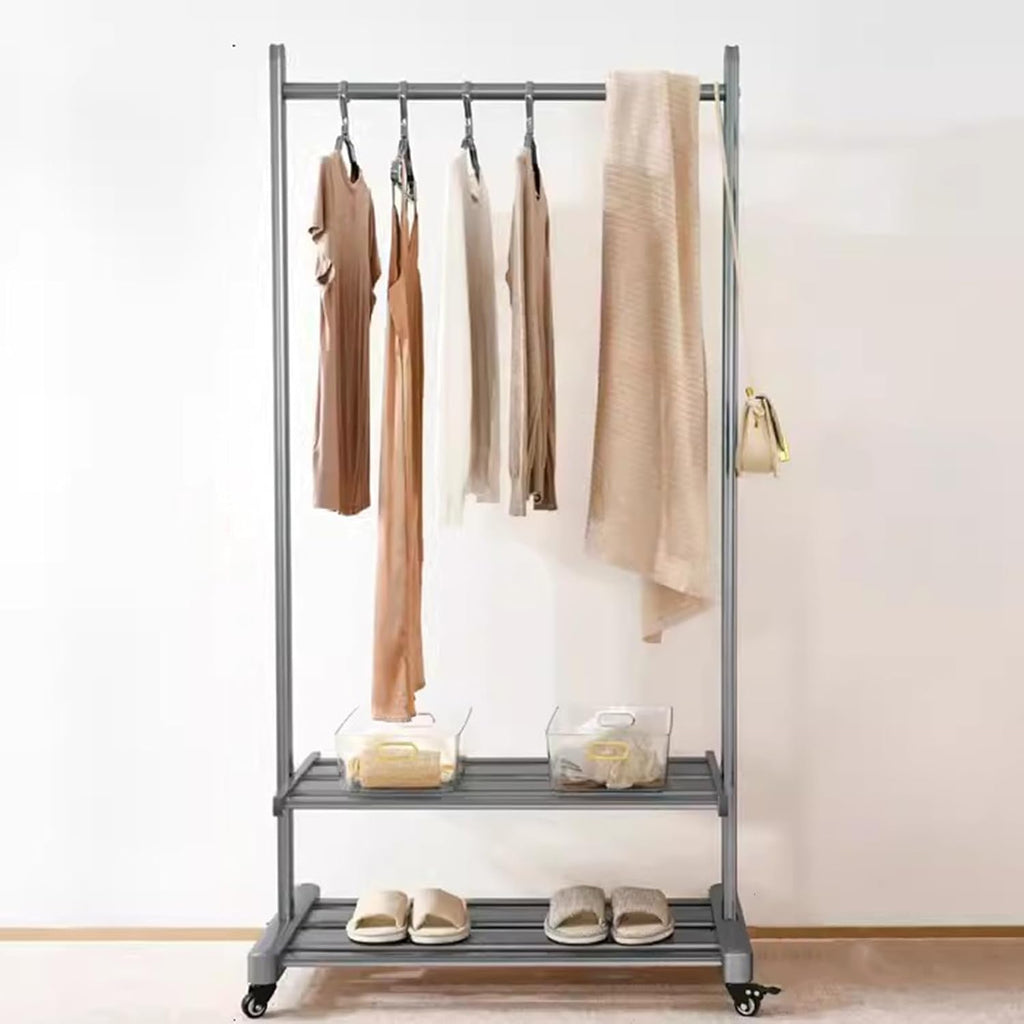 Heavy Duty Coat Rack, Garment Rack Heavy Duty Clothes Rail On Wheel, Rolling Clothing Rack for Hanging Clothes, Aluminum Alloy Coat Rack with 2 Shelves for Bedroom, Portable Space Saving
