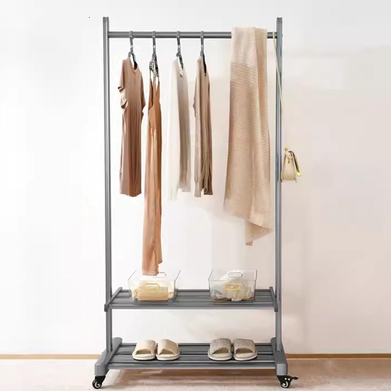 Heavy Duty Coat Rack, Garment Rack Heavy Duty Clothes Rail On Wheel, Rolling Clothing Rack for Hanging Clothes, Aluminum Alloy Coat Rack with 2 Shelves for Bedroom, Portable Space Saving