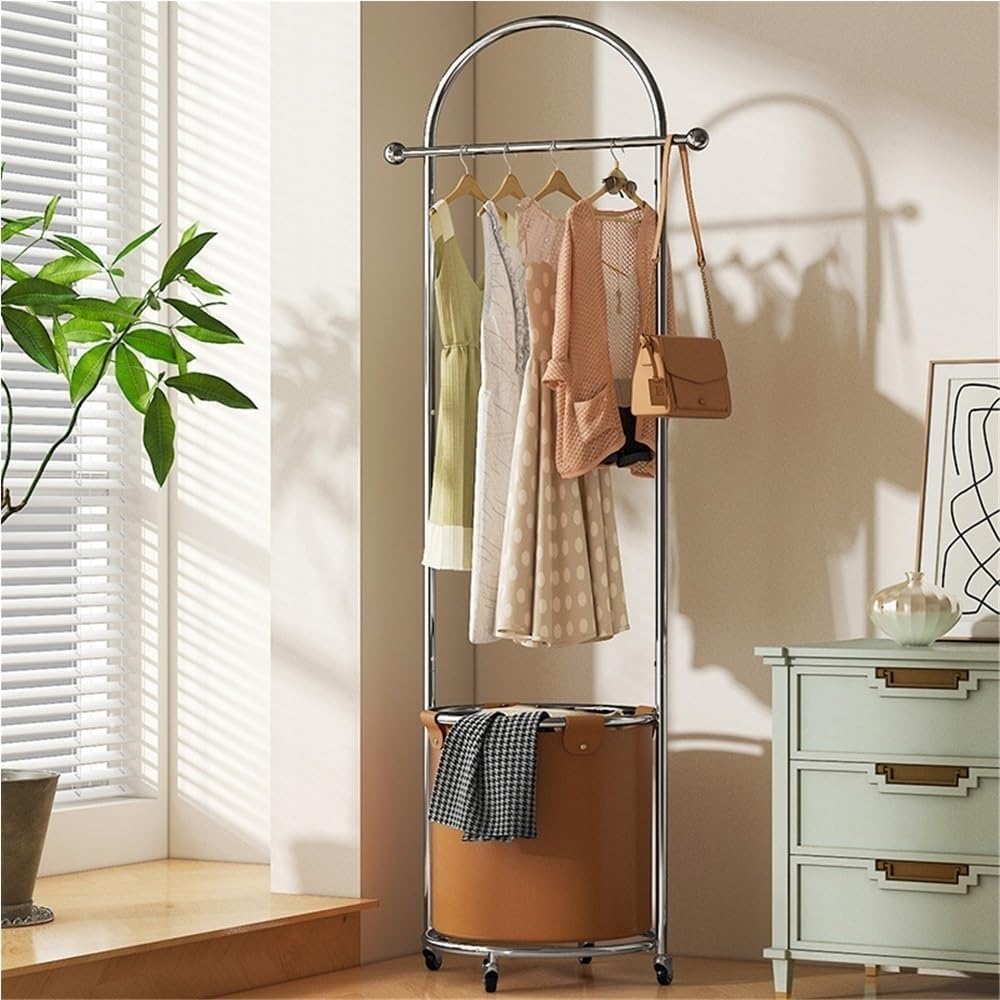 Rolling Steel Garment Rack with Bottom Basket Freestanding Clothes Organizer with Wheels for Entryway & Small Spaces Long-Lasting(Brown)