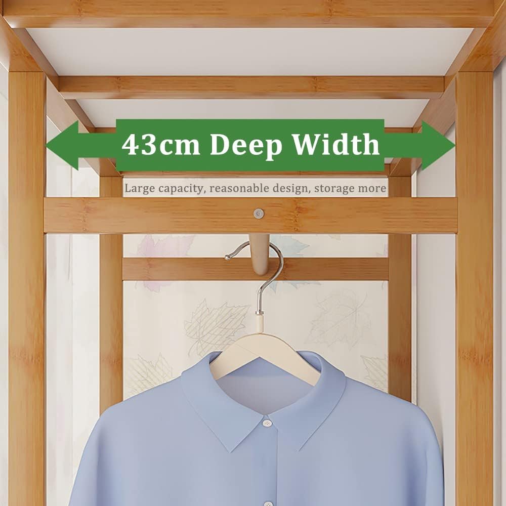 Clothes Rod Rack Garment Hanging Rails, Freestanding Bamboo Coat Stand Rack with Double Clothing Rail and 9 Storage Shelf, with Cover, Clothes Cabinet Wardrobe Organiser 150X4