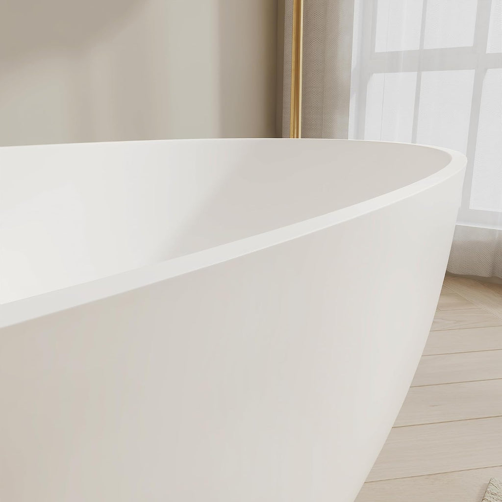 Oval 55' Freestanding Bathtub, Stone Resin Matte White | Solid Surface Stand Alone Bathtub, Modern Soaking Tub with Overflow and Pop-up Drain, cUPC Certified