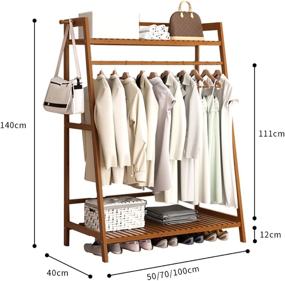 Floor-Standing Solid Wood Rotating Coat Rack，Bamboo Coat Rack Stand with Hanging Rod - Freestanding Trapezoid Clothing Hanger for Bedroom & Hallway - Stylish Garment Storage Solution, Space-