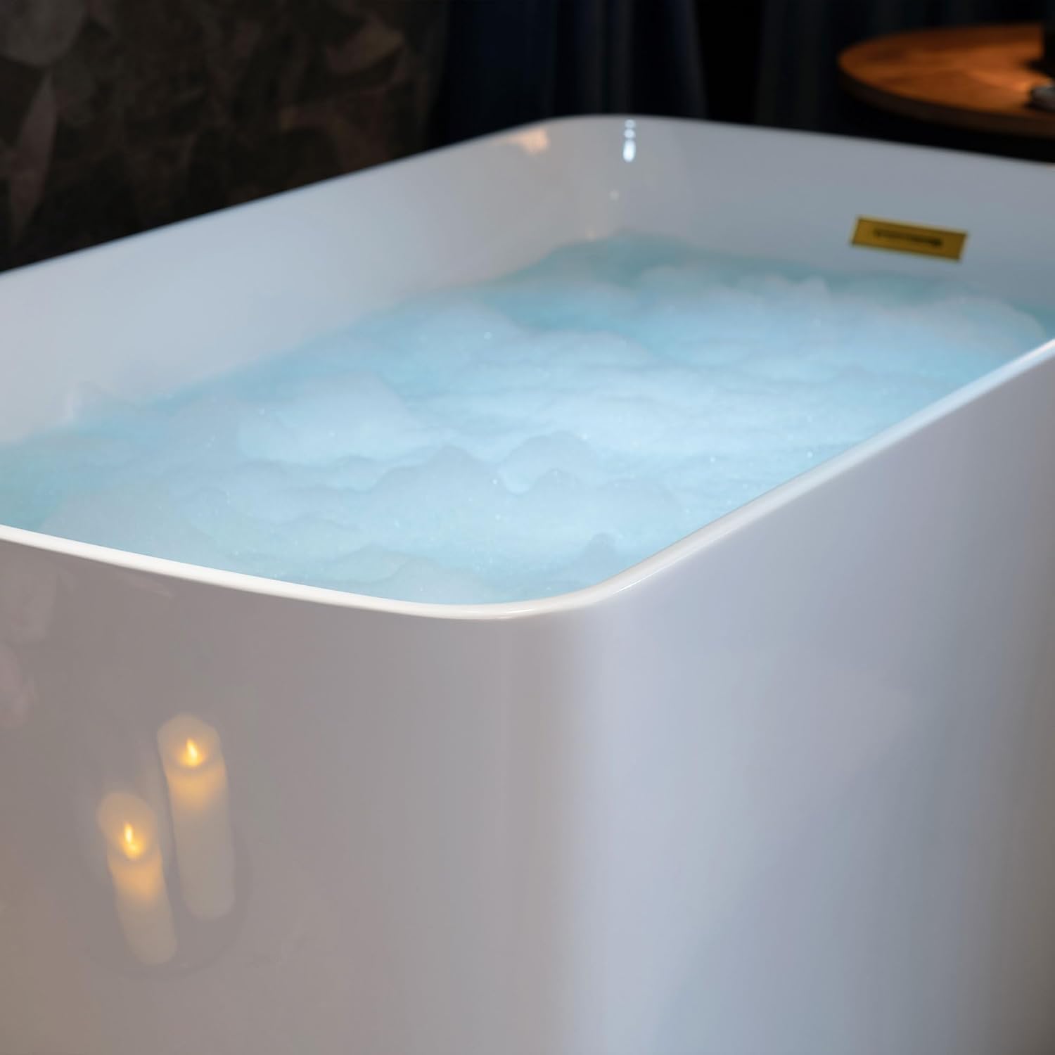 WOODBRIDGE 48' Acrylic Freestanding Square Shape Janpanese Soaking Tub with Pre-molded Seat and Brushed Gold Pop-Up Drain and Overflow Option, White,B0070-BG