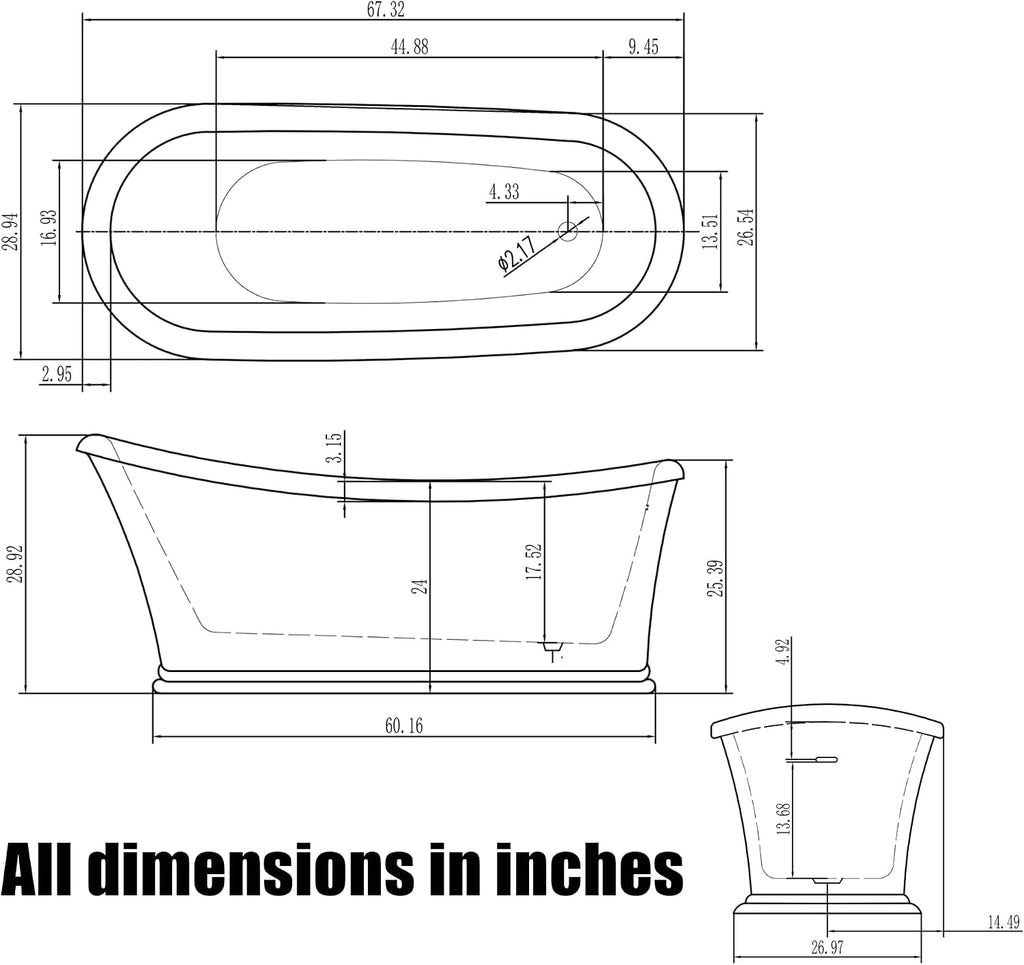 HEATGENE 67' Acrylic Freestanding Bathtub Contemporary Soaking Tub Easy to Install UPC Certified Drain & Overflow Assembly Included