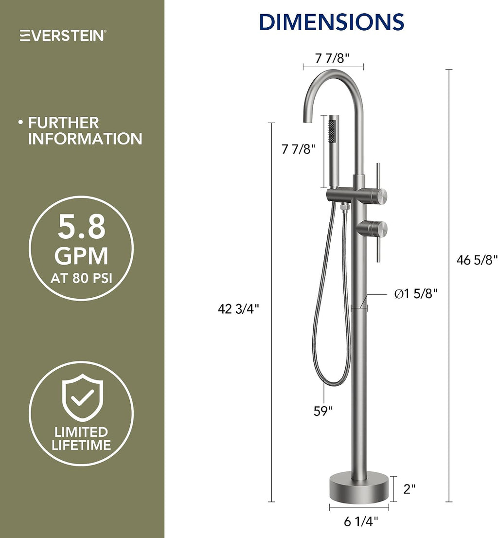 Freestanding Bathtub Faucet with Hand Held Shower, Floor Mount Tub Filler, Dual Handle Brass Bath Tub Faucet, Valve Included，Brushed Nickel