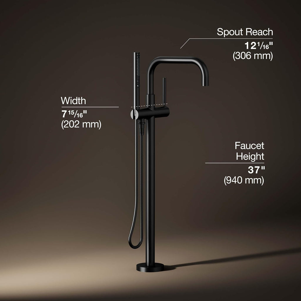 KOHLER T97328-4-BL Purist Floor-Mount Bath Filler Trim with Handshower, Single Lever Handle Bathtub Faucet, 1.75 GPM Handshower, Matte Black