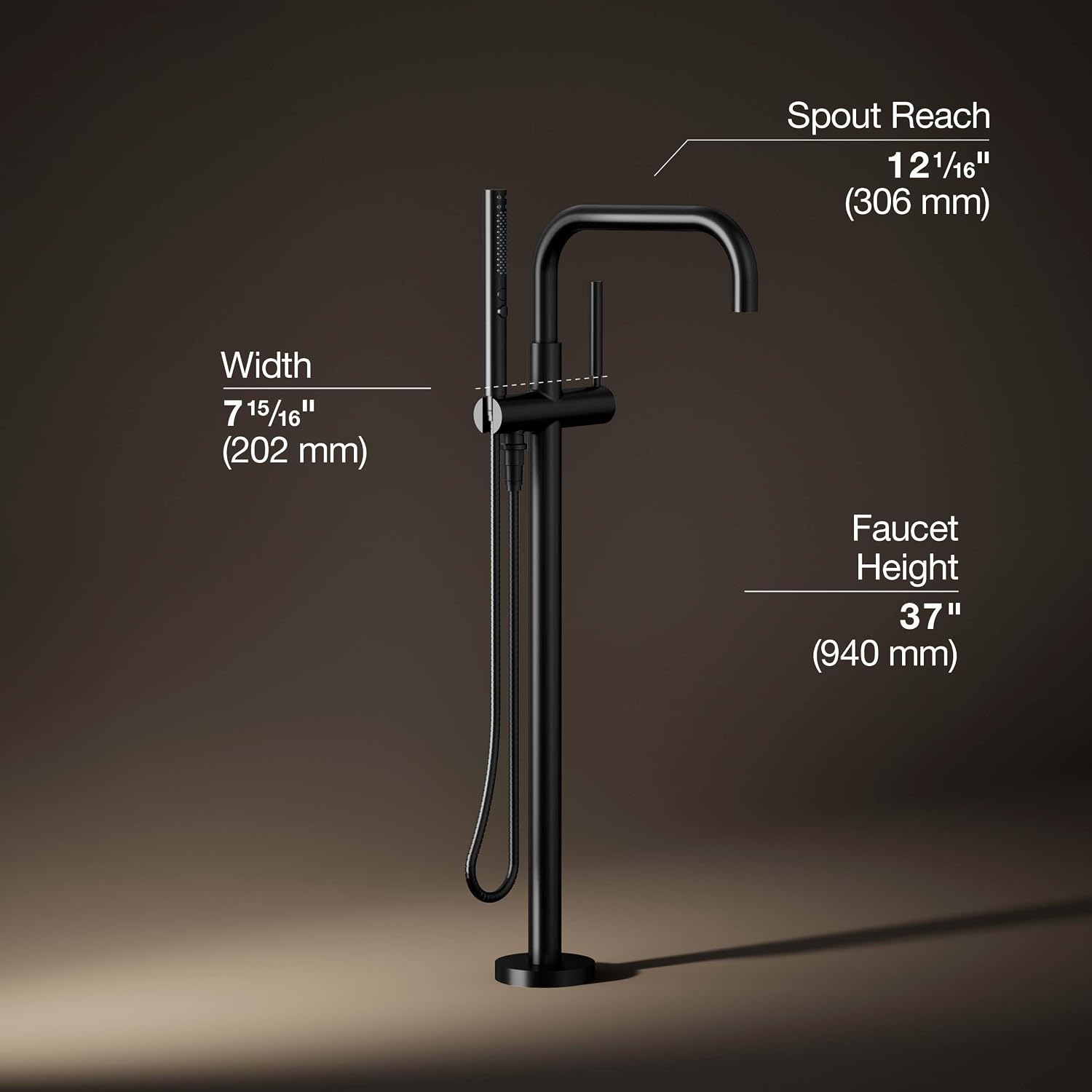 KOHLER T97328-4-BL Purist Floor-Mount Bath Filler Trim with Handshower, Single Lever Handle Bathtub Faucet, 1.75 GPM Handshower, Matte Black