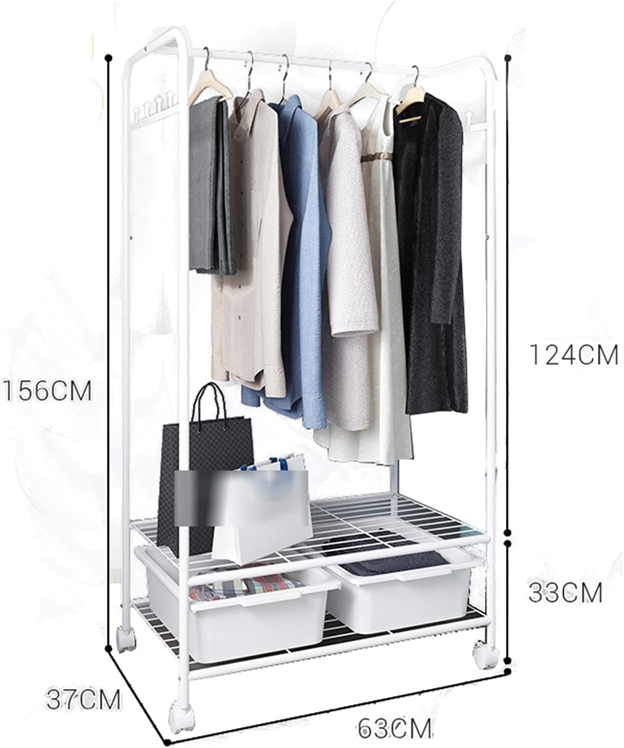Mlaea Versatile Coat Hanger, Freestanding Garment Rack with Hooks, Drawers and Storage Shelf, Rolling Coat Rack with Wheels for Coats, Dresses, Snacks, Boxes, Shoes(Size:117 * 63CM,Color:A)