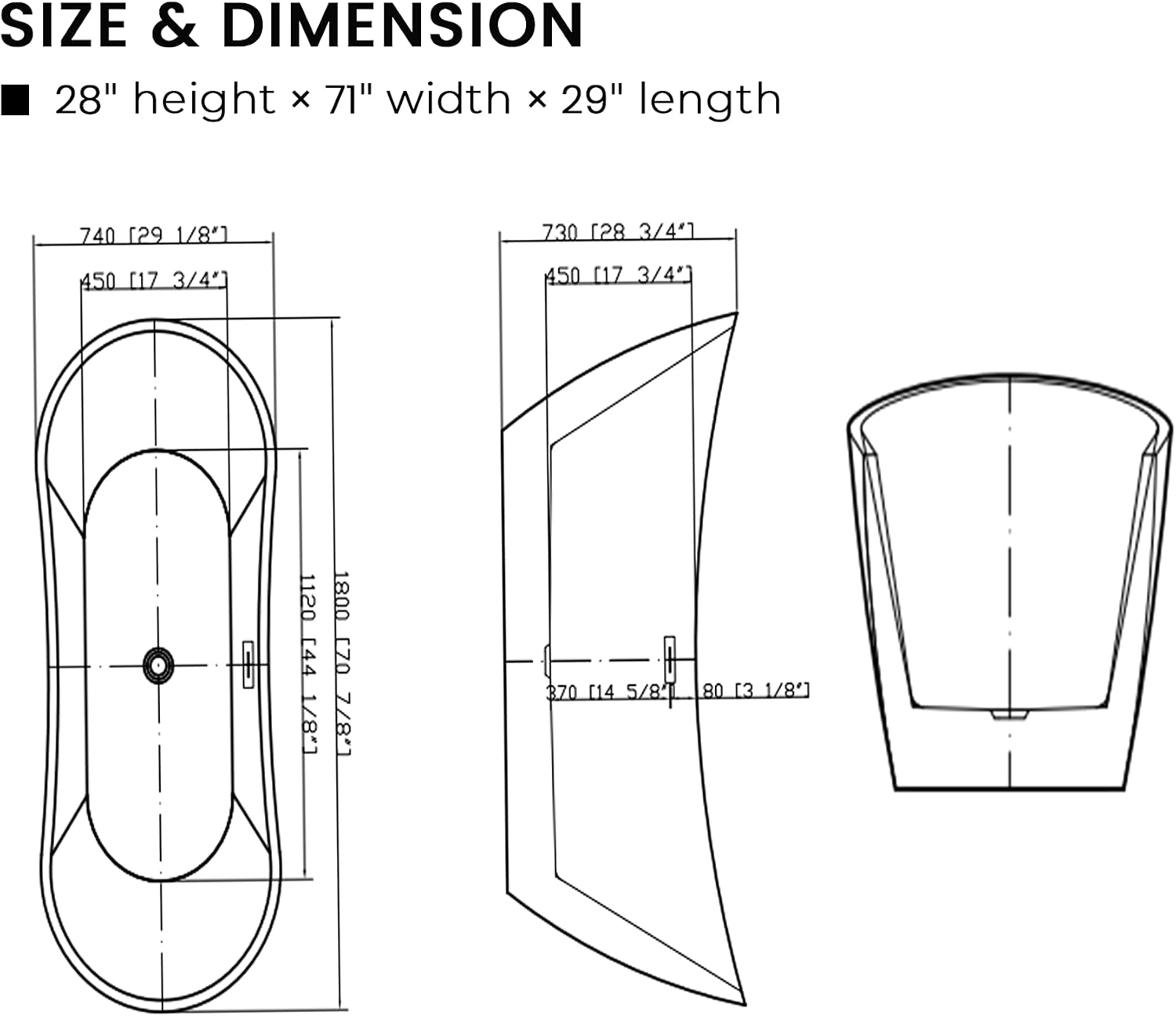 Vanity Art 71' x 29' Acrylic Freestanding Bathtub | Modern Stand Alone Soaking Tub with Overflow and Pop-up Drain, VA6903
