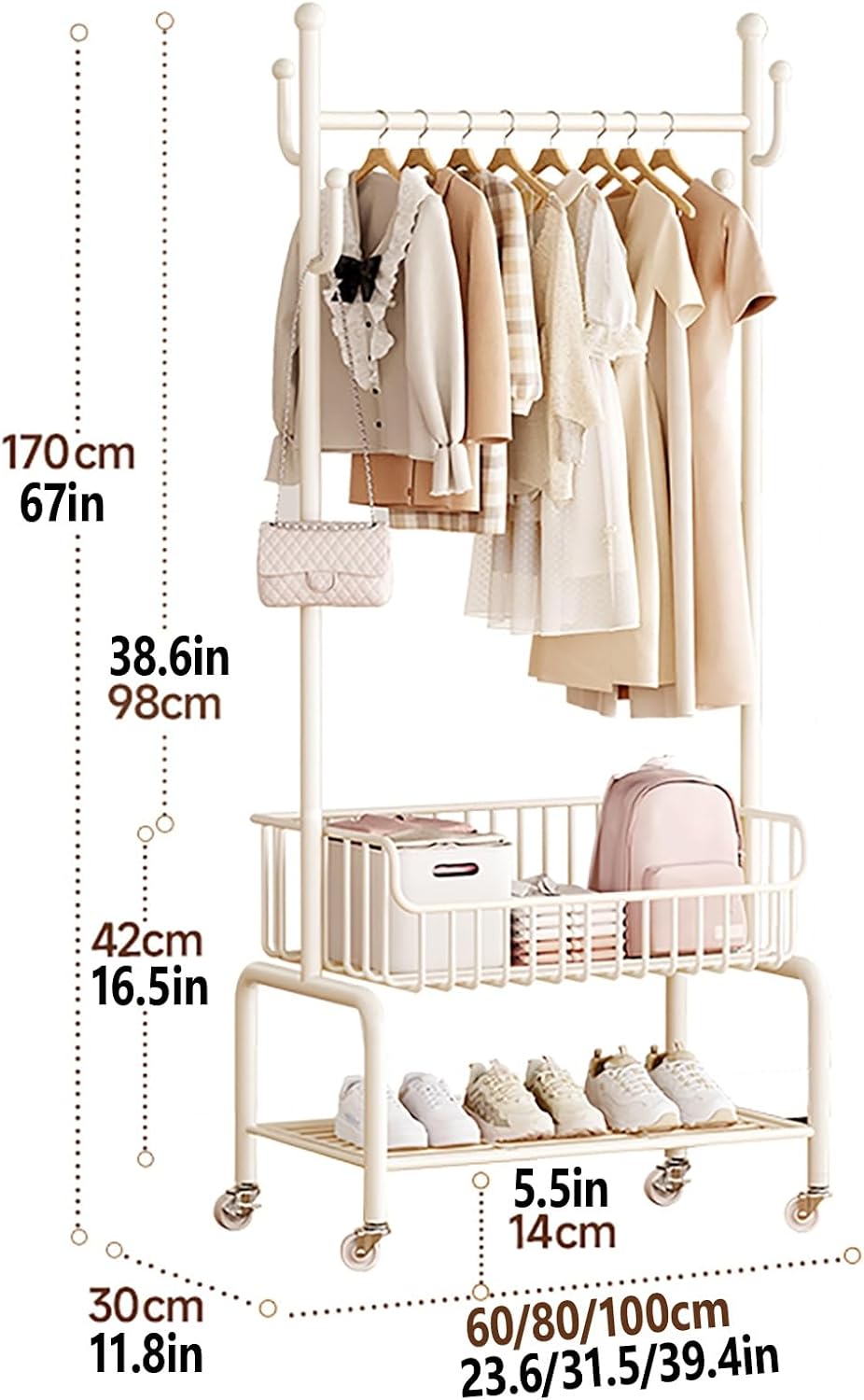 Heavy Duty Clothing Racks With Wheels,Rolling Garment Rack For Hanging Clothes,Metal Rolling Closet Organizer,Clothes Racks With Storage Shelves(White,60cm/23.6in)