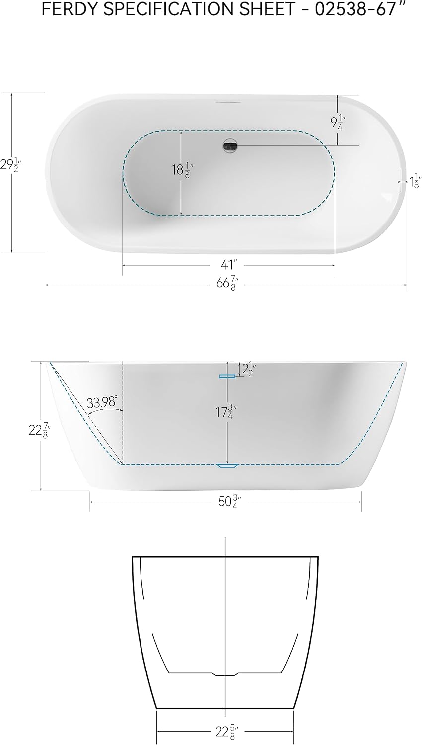 FerdY 67' Acrylic Freestanding Bathtub, Contemporary Soaking tub with Chrome Drain & Overflow, cUPC Certified, Elegant Oval Shape, Bali
