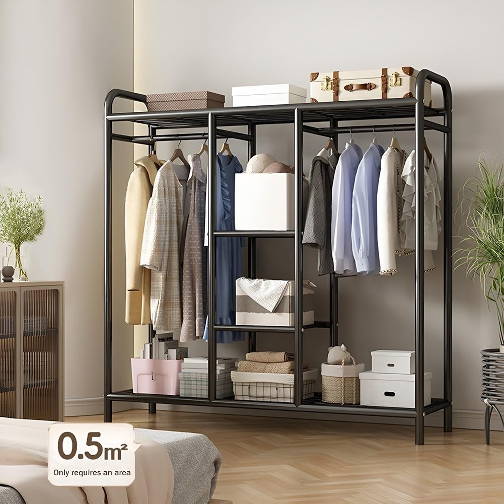 Wardrobe Closet for Hanging Clothes, Large Storage Organizer with Shelf, Freestanding Metal Garment Rack for Bedroom, Cloakroom