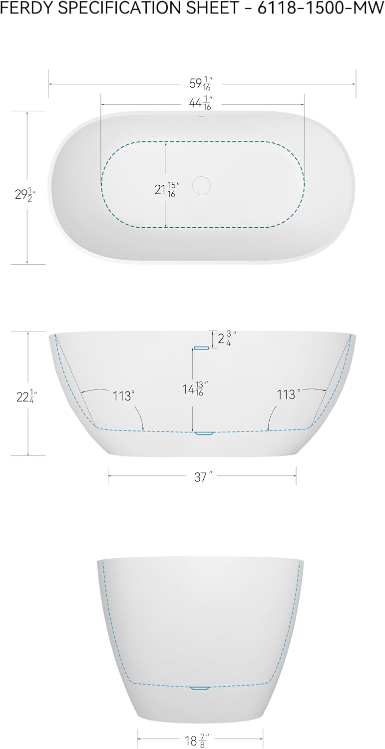 FerdY Fiji 59' Stone Resin Freestanding Bathtub, Elegant Oval Freestanding Soaking Bathtub, Solid Surface Soaking Tub, Matte White, cUPC Certified, Pop-up and Drain Integrated Slotted Overflow