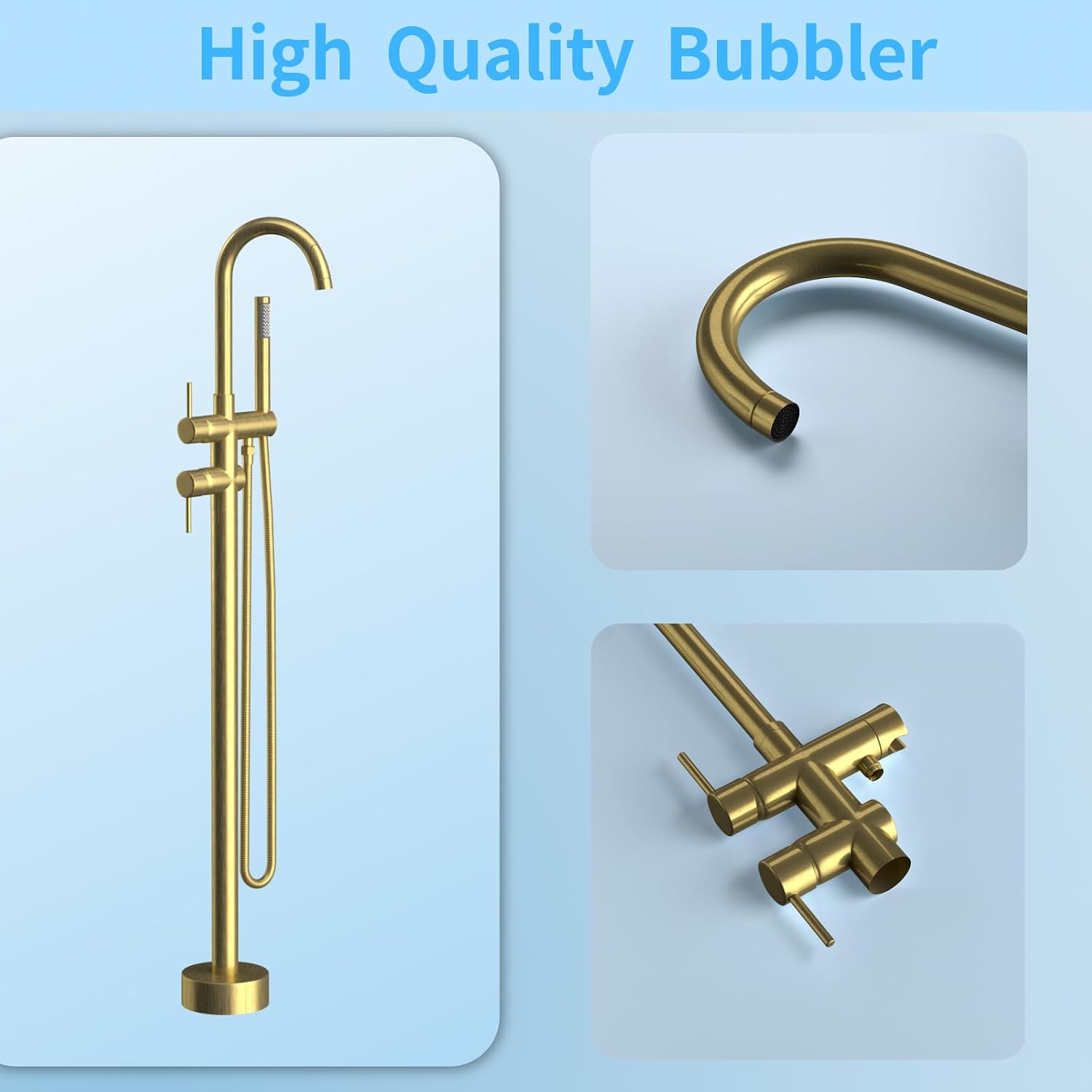 Freestanding Bathtub Faucet,Tub Filler Floor Mount Stand Bathtub Faucet Brass Bathroom Tub Faucets with 2 Function Hand Shower Wand Swivel Brushed Gold