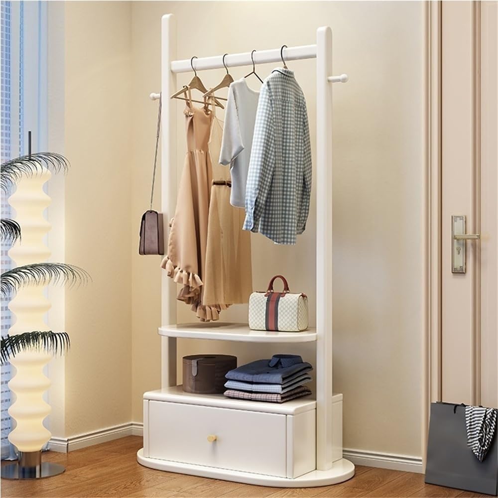 Wood Garment Rack Freestanding Clothes Rack with Shelves & Drawer Floor-Standing Clothing Storage Coat Rack Organizer Beautiful