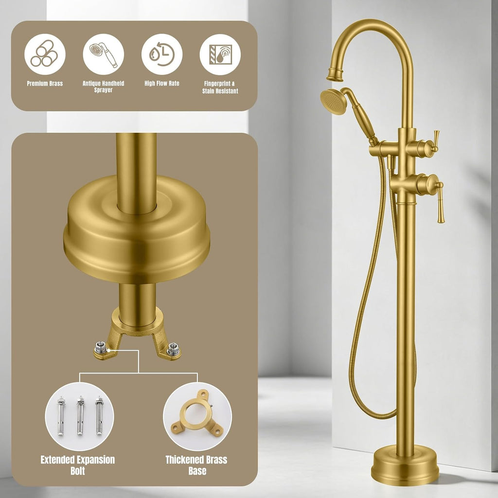 Free Standing Tub Faucet, Antique, Brushed Gold (B2311-BG) | H59-1 Premium Solid Brass, High Flow 6.6 GPM, Elegant & Vintage Styling