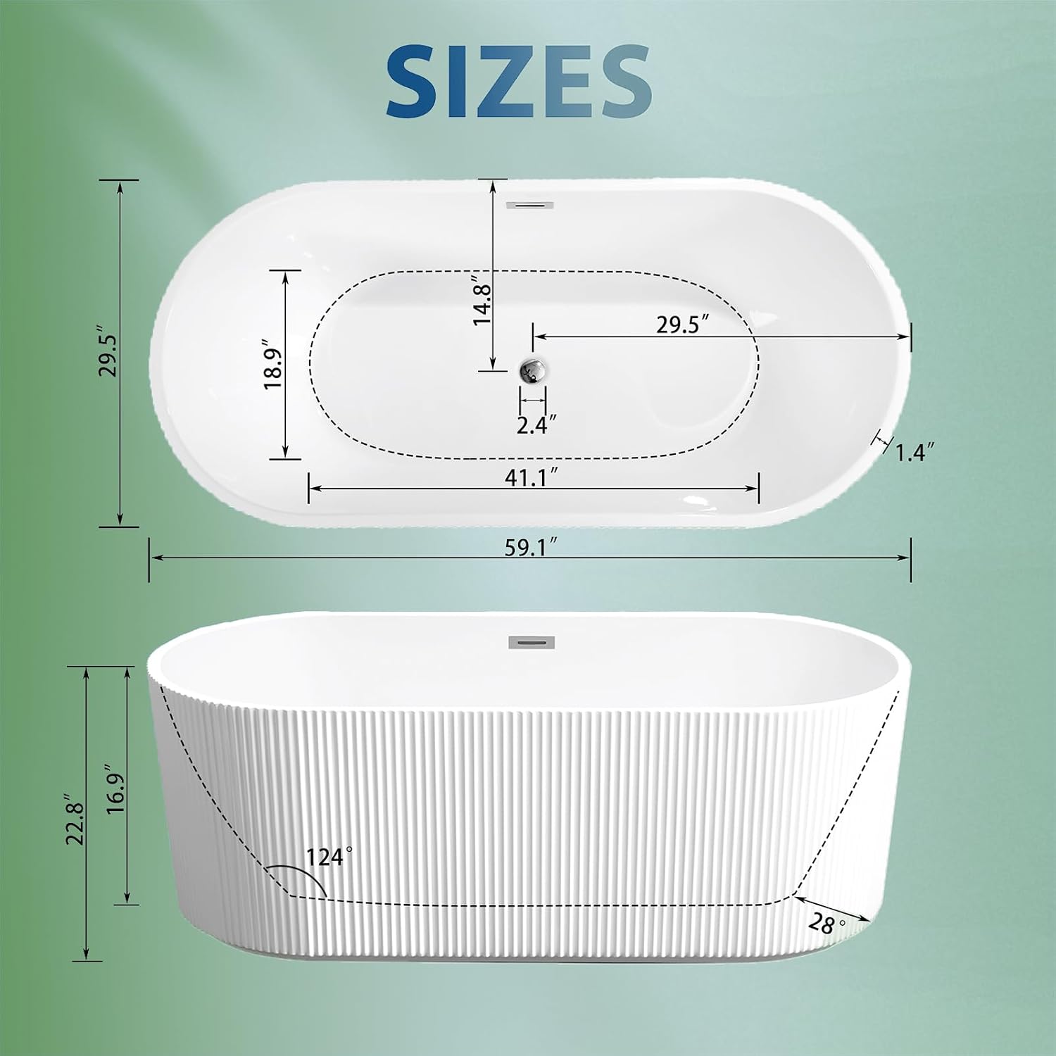 59' Acrylic Bath Tub Glossy White Linear Freestanding Bathtub Modern 55 Gal Stand Alone Soaking Tub with Pop-Up Chrome Drain & Overflow for Indoor Bathing