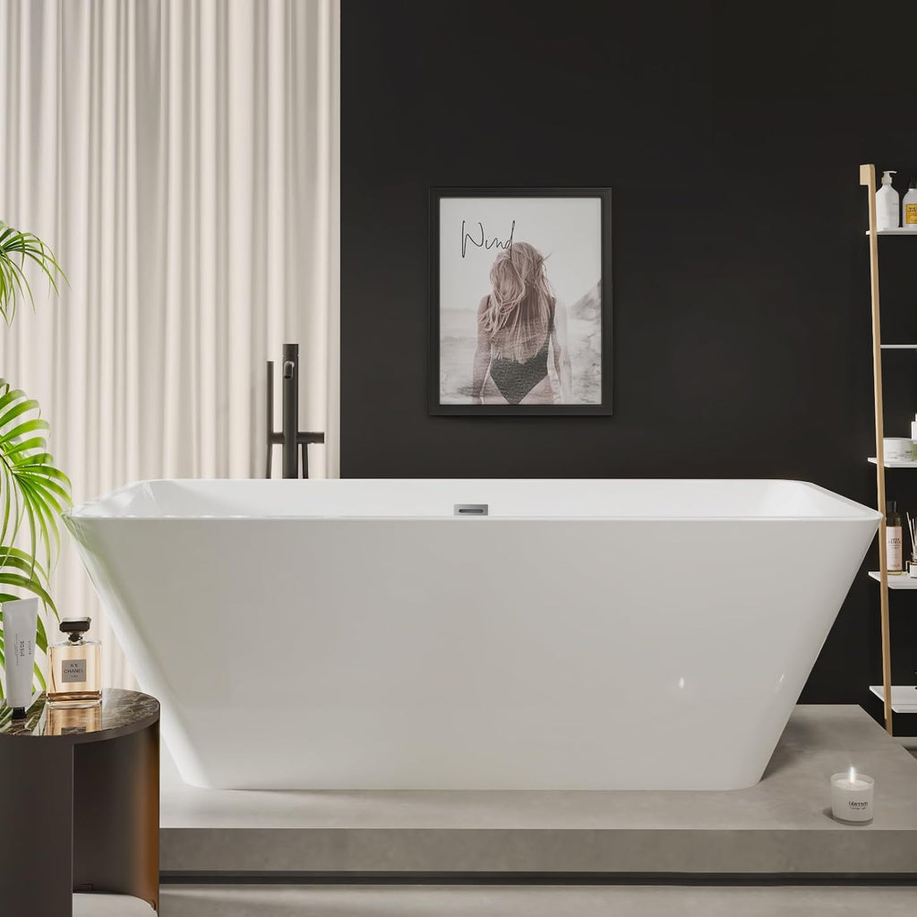 GarveeTech 66 in Acrylic Freestanding Bathtub, Modern Rectangular Soaking Tub, Glossy White, CUPC Certified, Easy Installation, Chrome Drain & Linear Overflow, Stand Alone Bath Tub