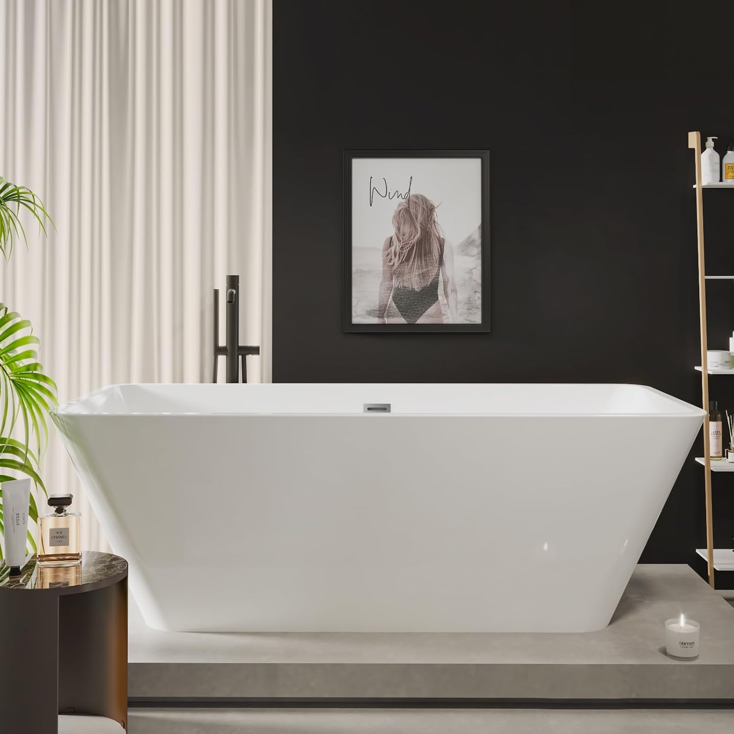 GarveeTech 59' Acrylic Freestanding Bathtub,Contemporary Square Shape Soaking Tub With Chrome Drain and Minimalist Linear Design Overflow, Easy to Install,Cupc Certified,Glossy White