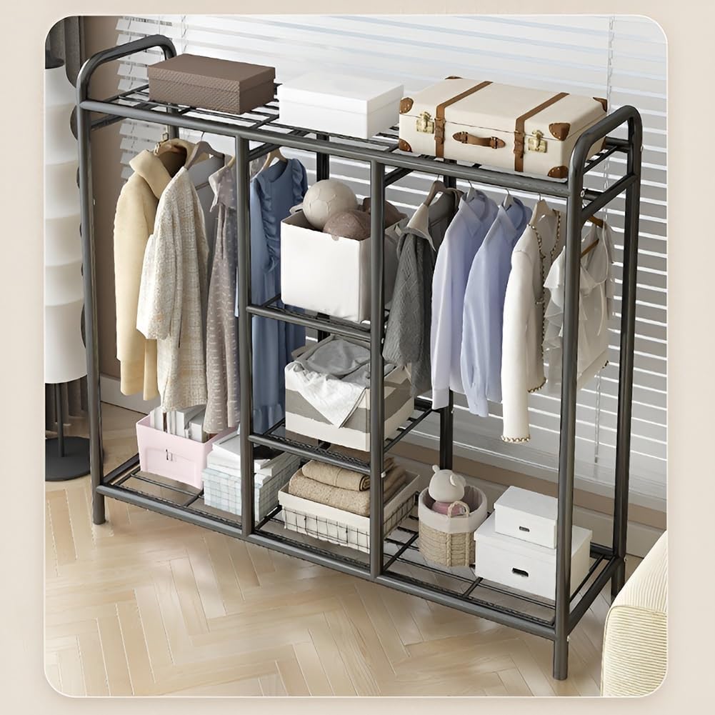 Wardrobe Closet for Hanging Clothes, Large Storage Organizer with Shelf, Freestanding Metal Garment Rack for Bedroom, Cloakroom