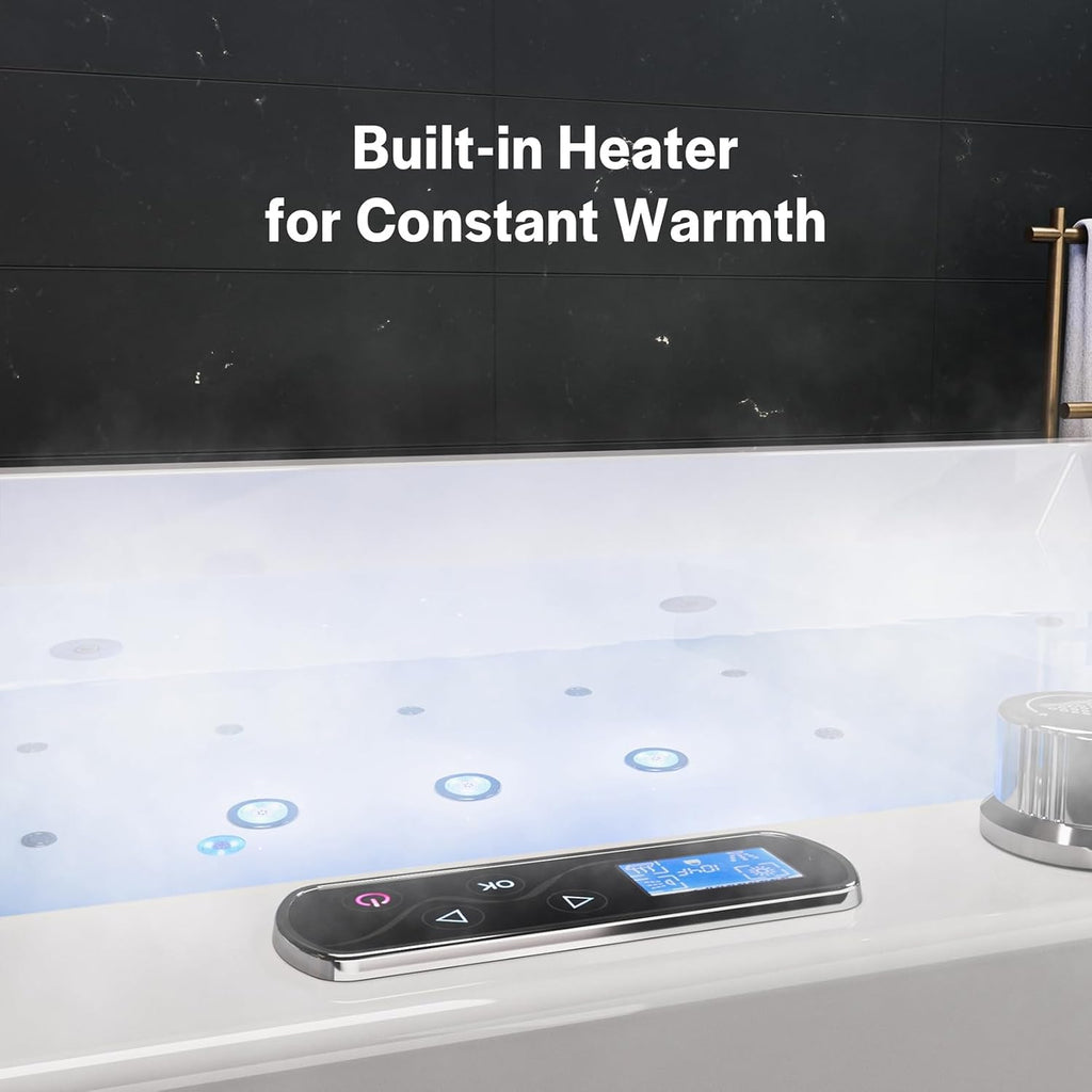 Empava PRO Series 71'x51' Jetted Bathtub, Alcove Spa Tub | 16 Hydro + 24 Air Jets, Chromotherapy & Waterfall | Thermostatic Control, Rectangular Acrylic Whirlpool Bathtub, White (ETL Certified)